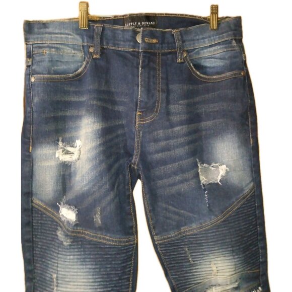 Supply & Demand Moto Jeans Mens 34X33 Blue Skinny Stretch Distressed Streetwear - Picture 5 of 9